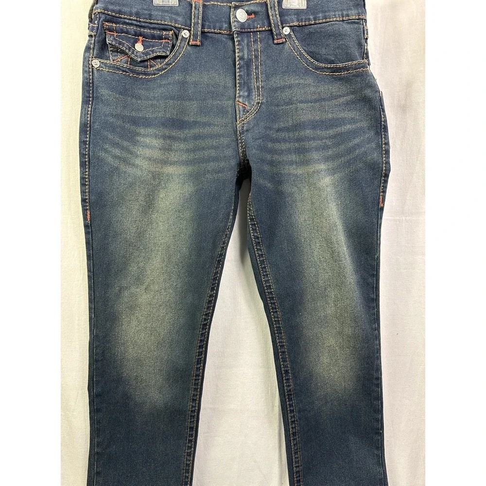 True‎ Religion Men Sz 34x32 Geno SN Flap Relaxed Slim Jeans Blue Denim Orange